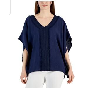 JM Collection Women's Size Small Relaxed Fit And Textured Finish Dark Blue Top